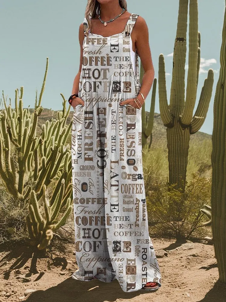 Women's Coffee Print Casual Strap Wide Leg Pants