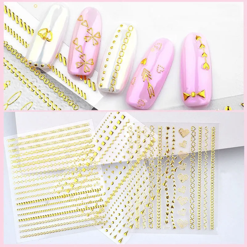 Nail Stickers Embossed 3D Elegant Golden Chain Zipper Designs Water Nail Decals Decoration Tips For Beauty Salons-Nail Inspo