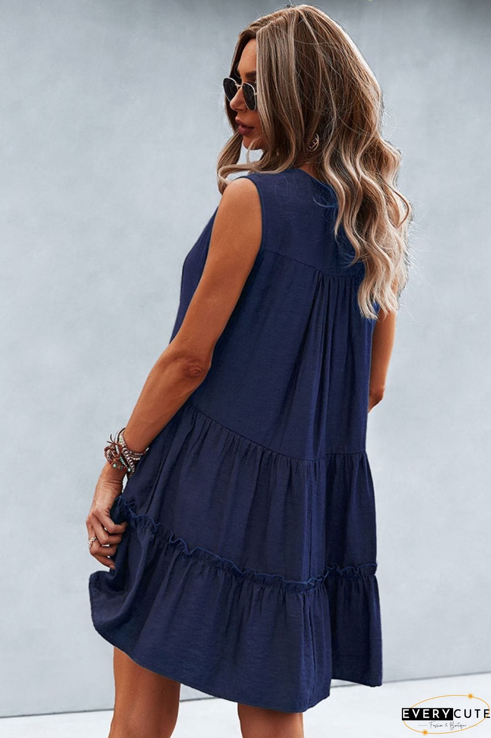 Frill Trim Notched Sleeveless Tiered Dress