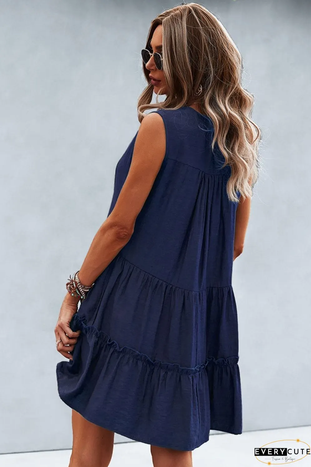 Frill Trim Notched Sleeveless Tiered Dress