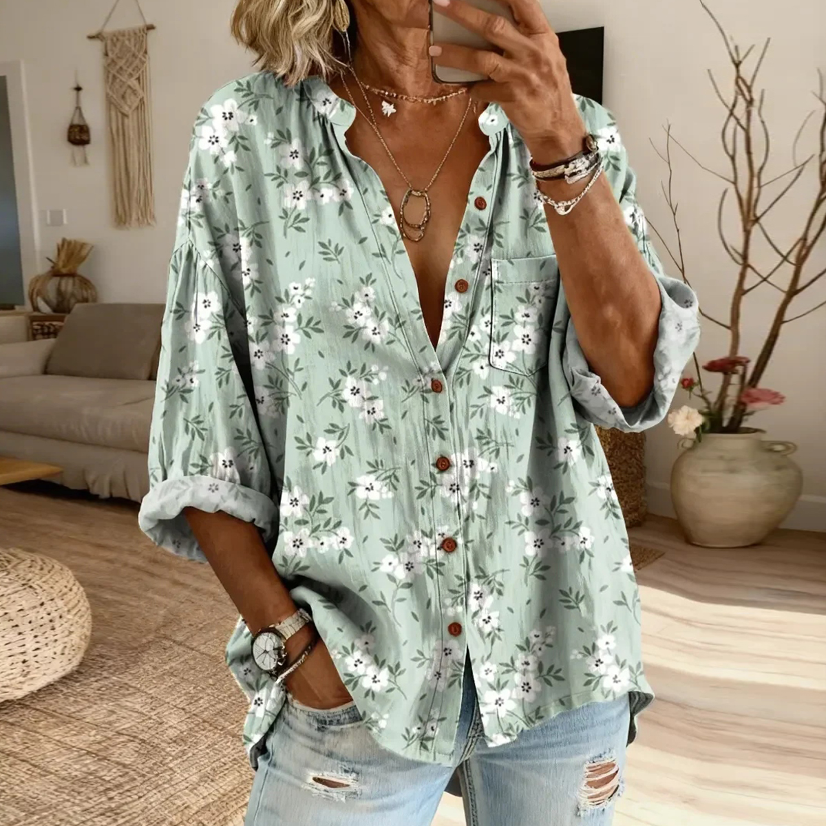 Comstylish Ethnicity Flowers Light Green Women's Vintage Art Print Casual Cotton And Linen Shirt