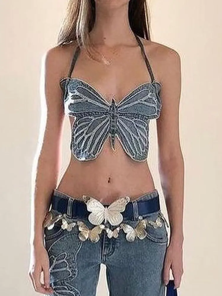 Rapcopter y2k Butterfly Jeans Crop Top Backless Strap Camis Sexy Blue Cute Party Sweats Women Beach Holiday Mini Vest Summer Tee