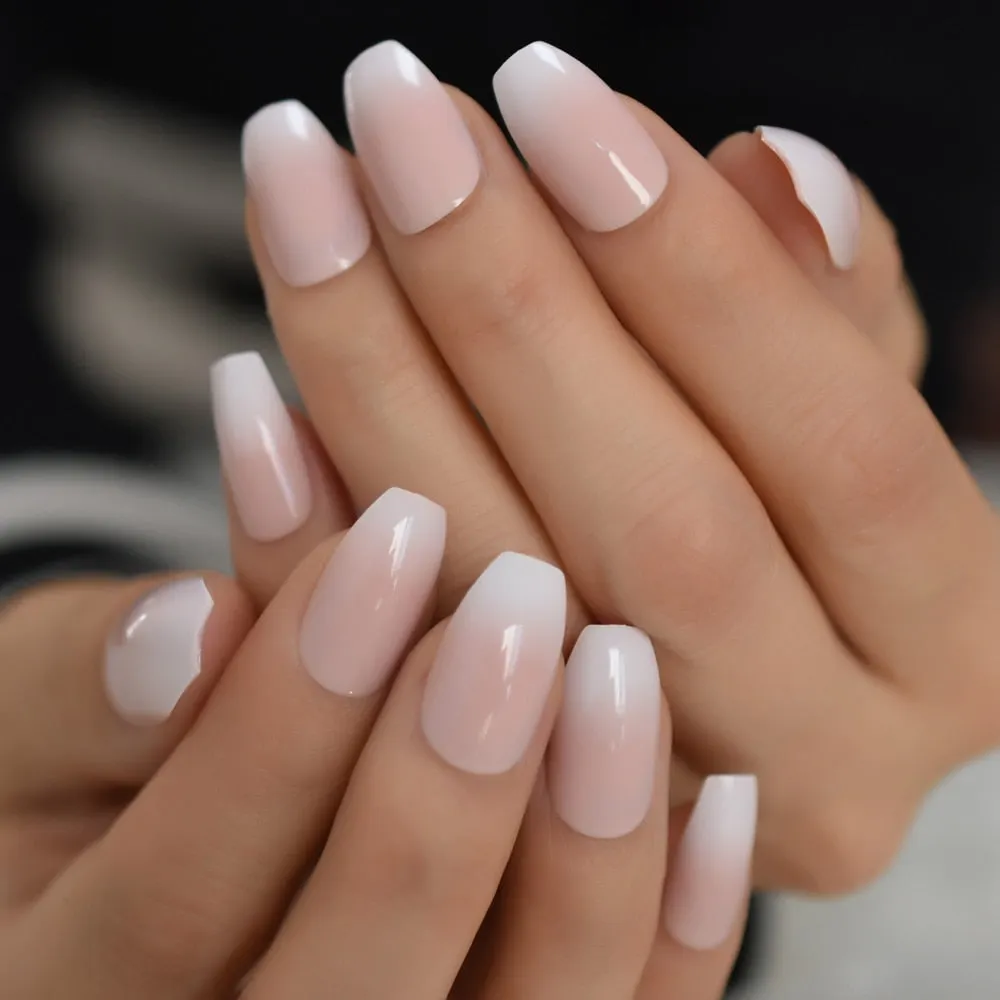 Pearl Shine Glossy Fake Nails Shimmer White Square Ombre French Nail Faux Ongles Gradient Medium Fingernails with Gluetabs-Nail Inspo