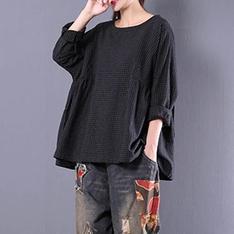 Top Blusas 2022 Women  Crew Neck Long Sleeve Plaid Check Autumn Cotton Linen Casual Party Pleated Flounce Blouse Shirt
