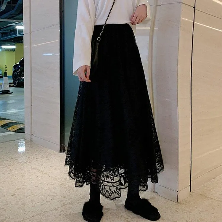 GOTH HIGH WAIST LACED MAXI SKIRT