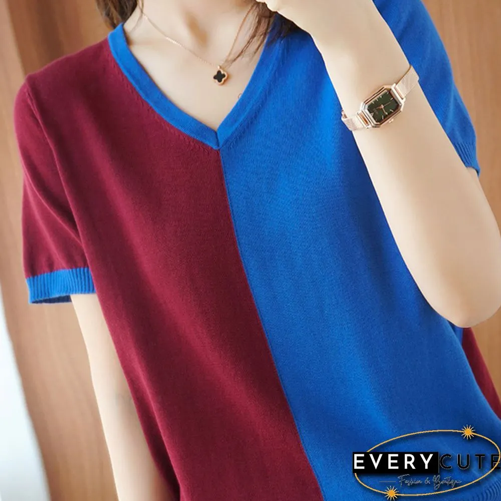 Female Two-Color Patchwork Knitted T-Shirt Mercerized Cotton Summer Women Short Sleeve Pullover Lady Loose Cool V-Neck Tops