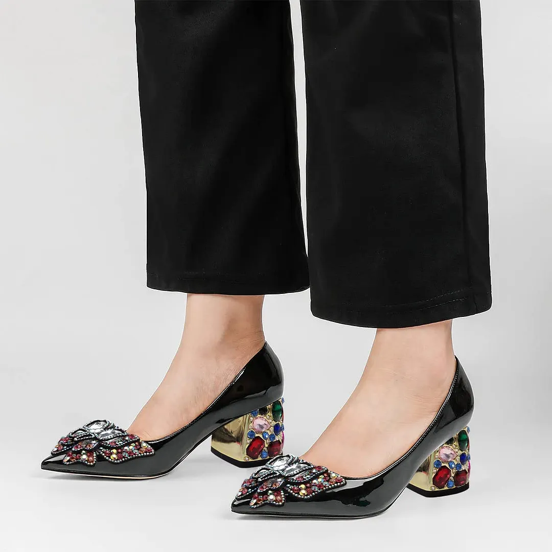 Patent Leather Pointed Colorful Rhinestone Butterfly Pumps in Black