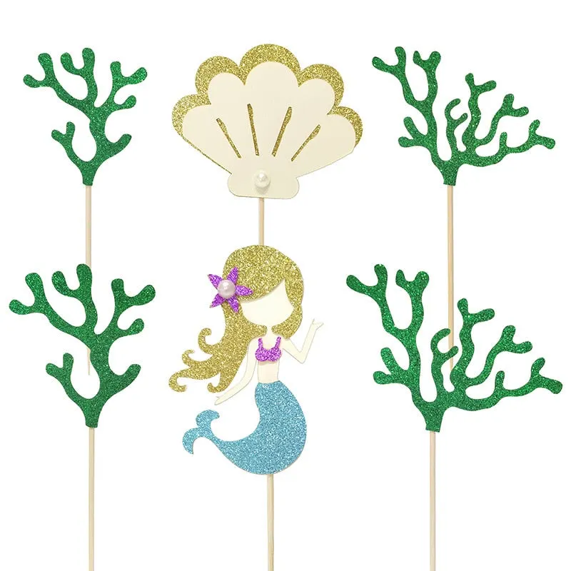 1Set Mermaid Party Happy Birthday Cake Topper Cupcake Toppers Girl Baby Shower Little Mermaid Theme Birthday Party Decorations