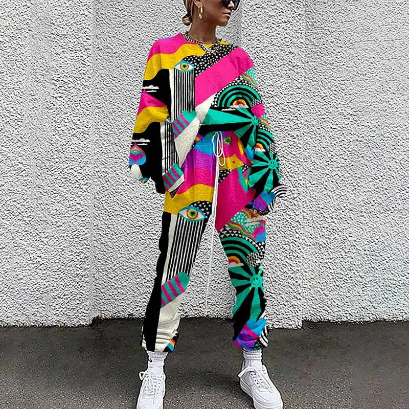 Women Tracksuit Two Piece Pullovers Cloting Long Sleeve Tie-dye Print Female Tops And Elastic Waist Pants Slim Casual Streetwear