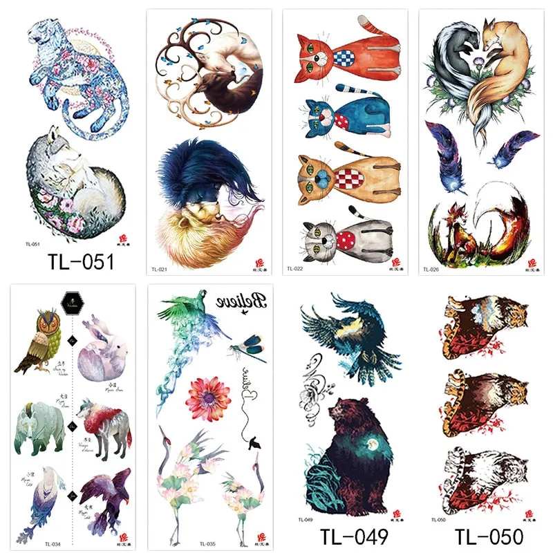 1~8 pieces of animal plants wolf bear bird art tattoo stickers disposable waterproof temporary tattoo stickers for men and women