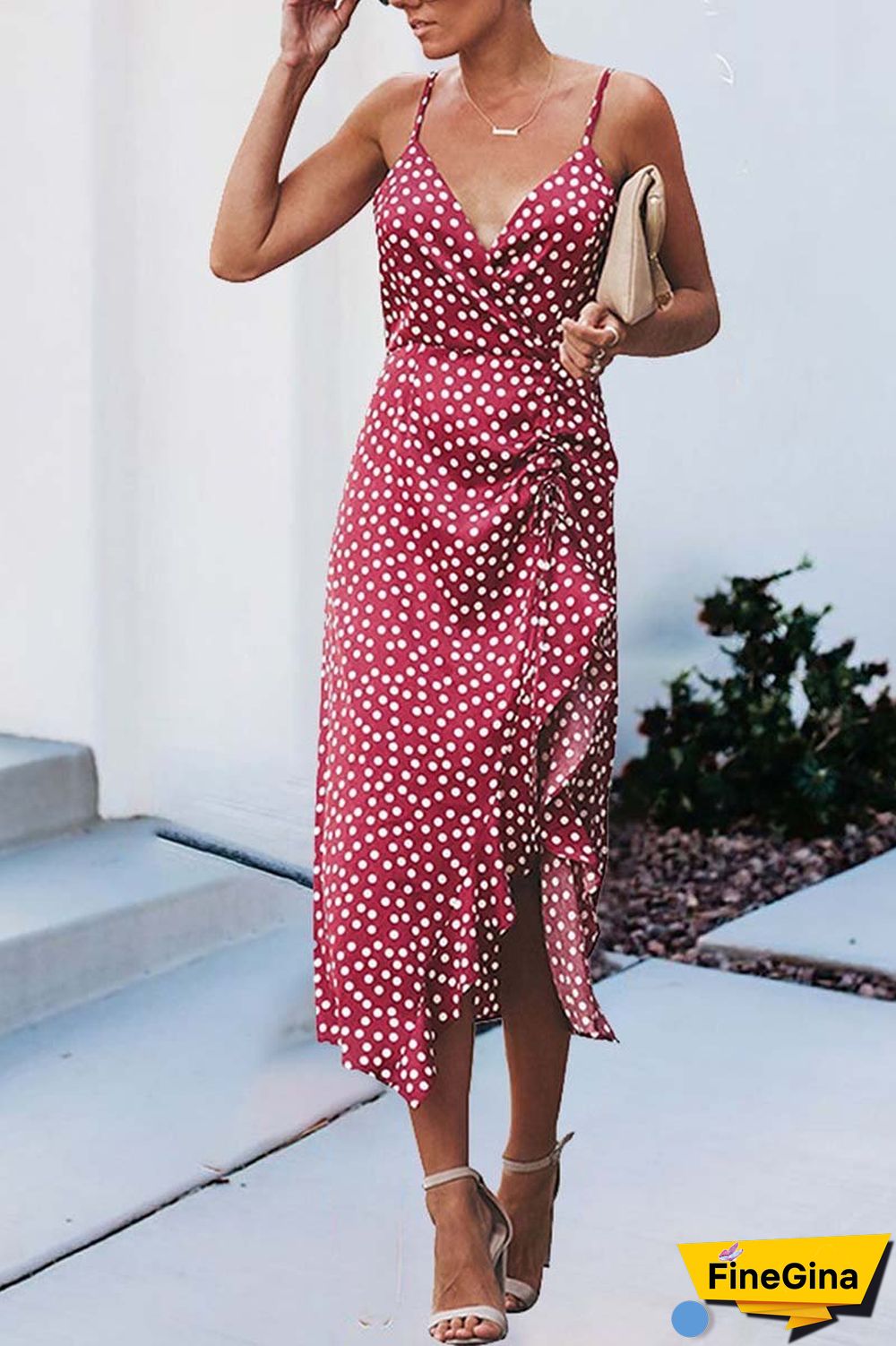 Print Floral Dot V Neck Dress
