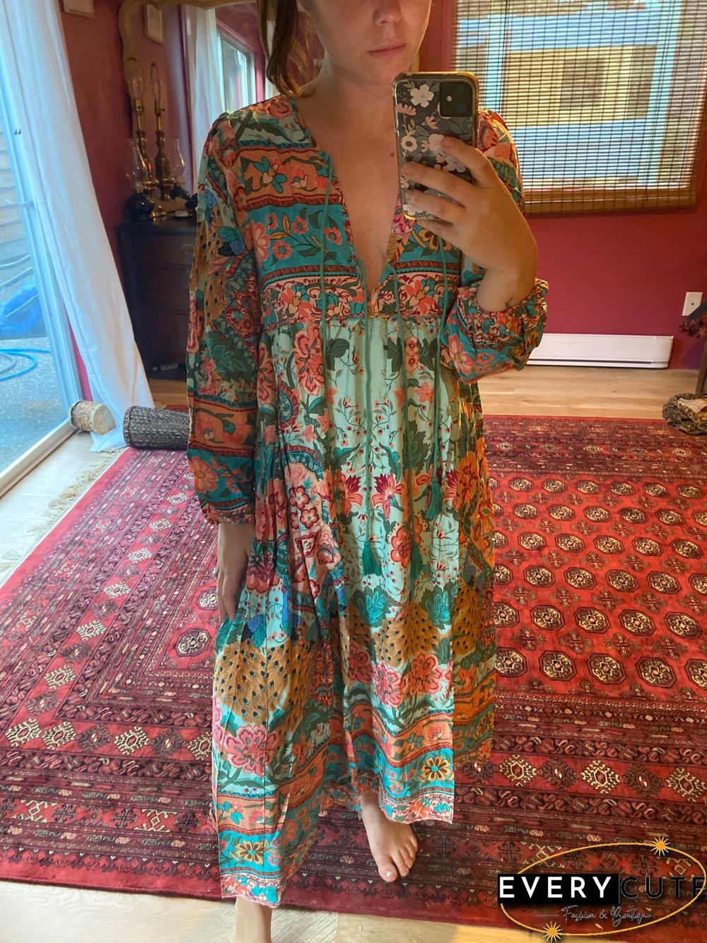 Vintage Chic Fashion Women Long Sleeve Tassel Red Floral Print Beach Bohemian Maxi Dresses Ladies Cotton Pleated Boho Dress Robe