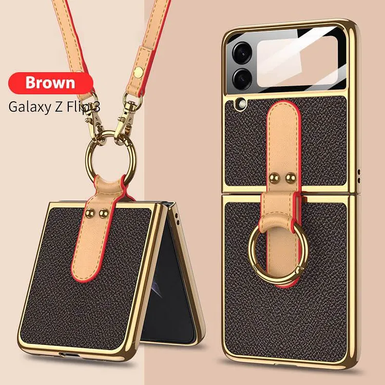 Original Leather Tempered Glass Hard Frame Cover For Samsung Z Flip 3 5G With Lanyard