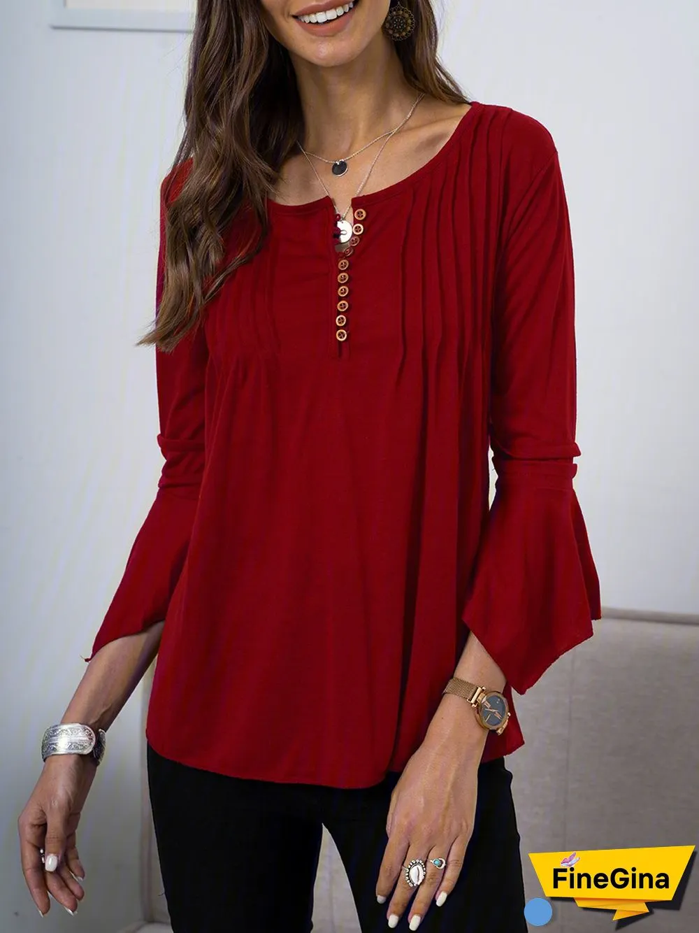 3/4 Sleeve Casual Plain Blouses & Shirts