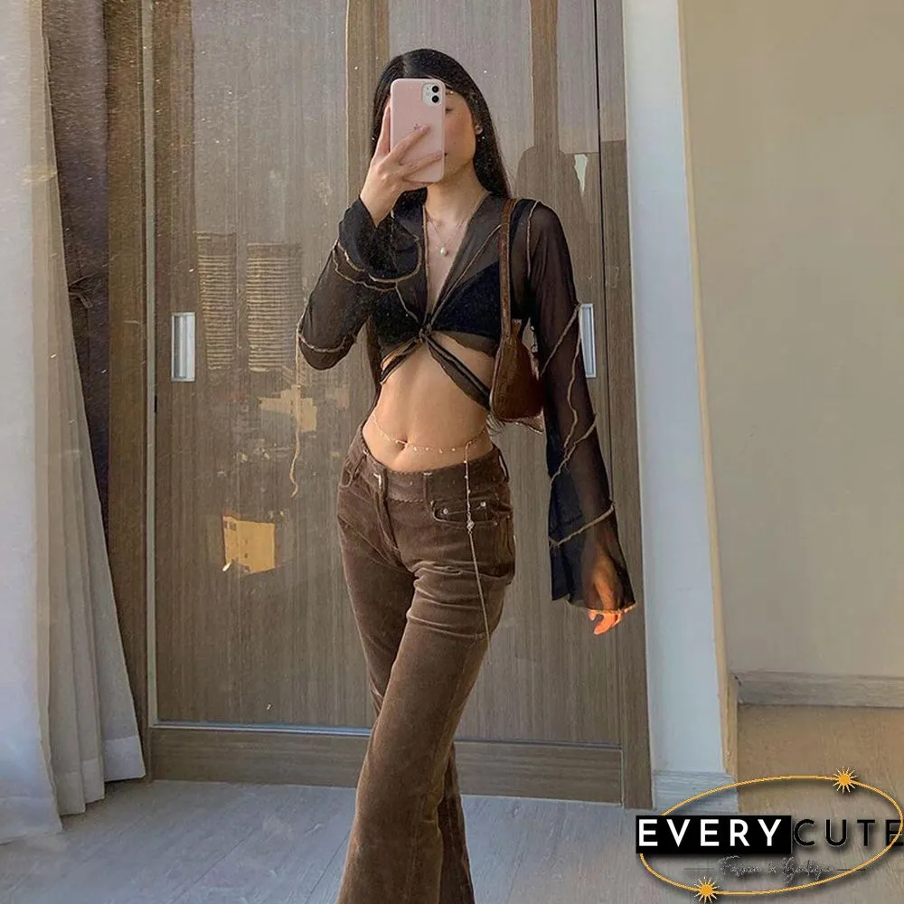 E Girl Aesthetics Bandage Black Mesh Crop Tops Y2K Deep V Neck Flare Sleeve Patchwork T Shirts Sexy Outfits Grunge Clothes