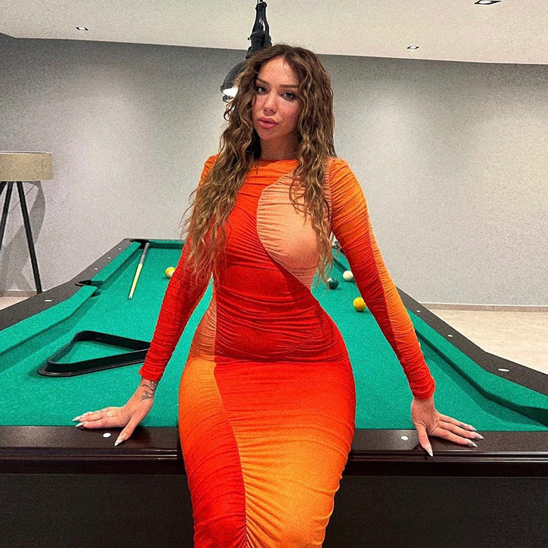 Women Clothing Autumn Women Clothing Personality Contrast Color Stitching Mesh See through Sexy Slim Dress