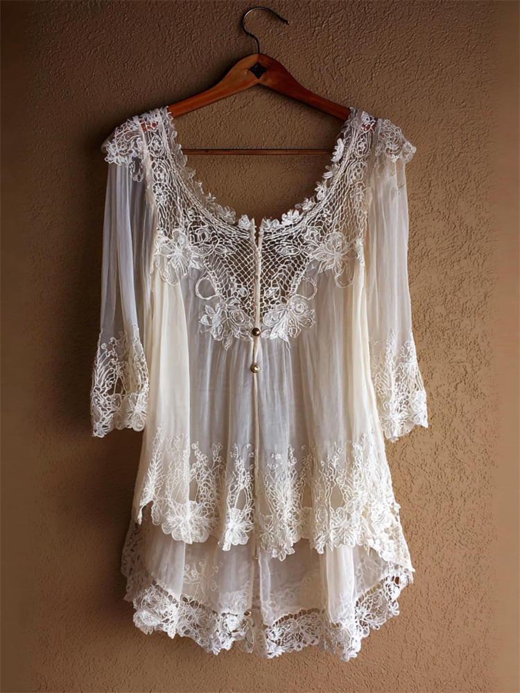 Vintage Floral Hollow Lace Patchwork Flowy Linen Tunic elevenforest