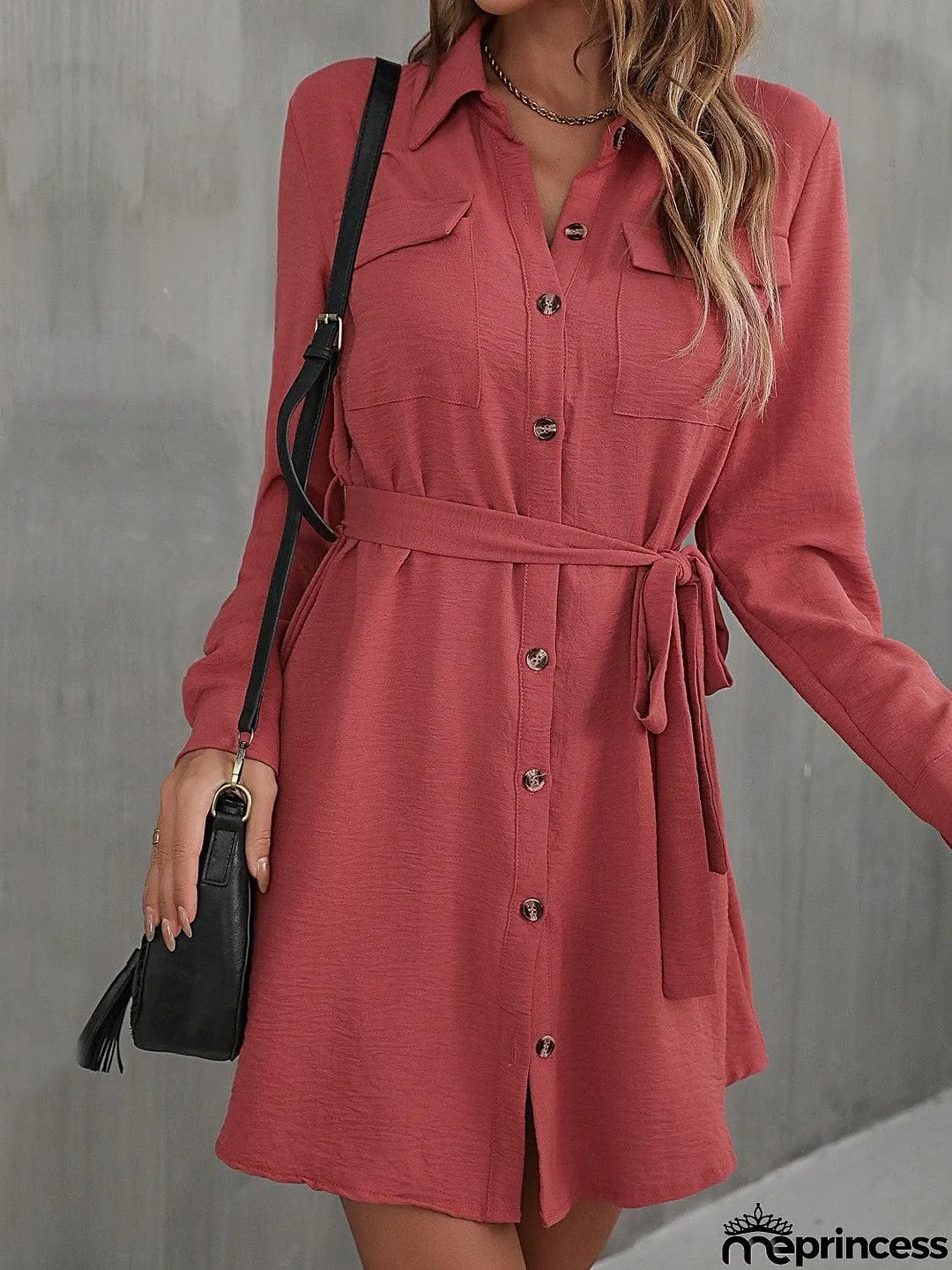 Button Down Belted Long Sleeve Shirt Dress