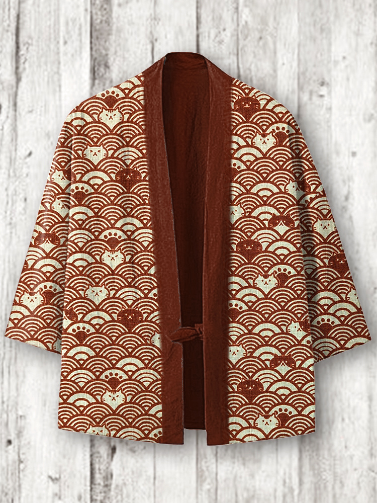 Vintage Japanese Cats Print Cozy Linen Blend Kimono Cardigan  artssus
