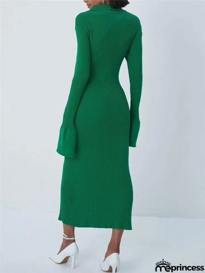 Women's Fashion Simple Style V-Neck Long Sleeve Sweater Dress