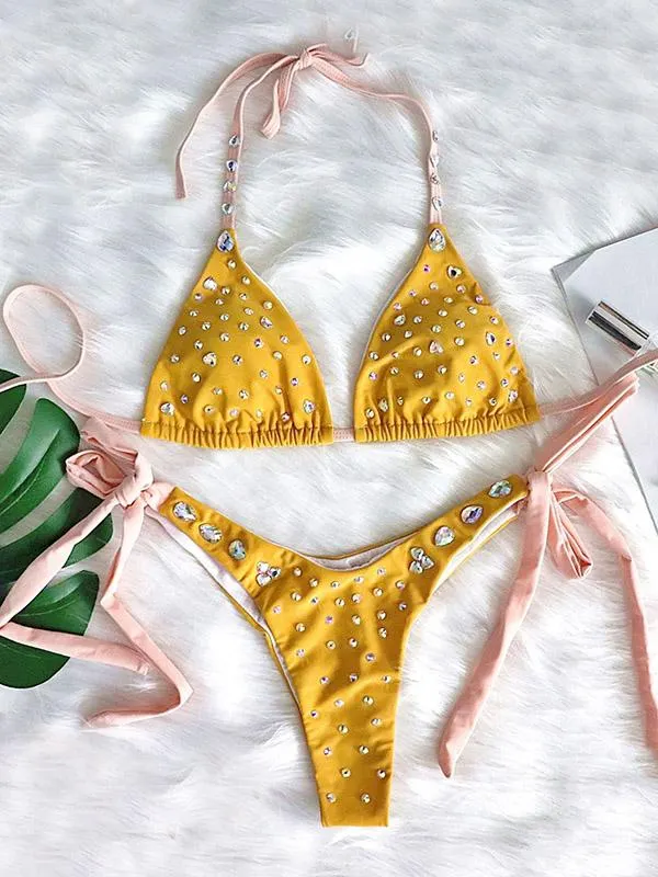 Gorgeous Embellished Triangles Bandage Split Bikini Swimsuit