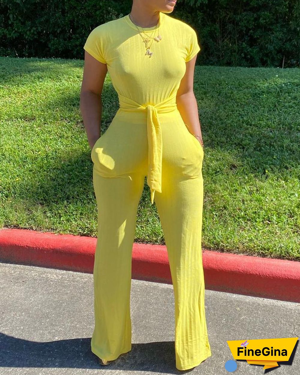 Pocket Design Tied Detail Short Sleeve Jumpsuit