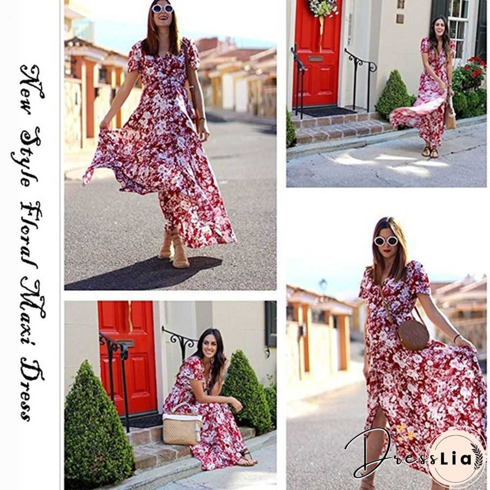 Summer Fashion Womens Bohemian V Neck Print Big Swing Long Dress Plus Size