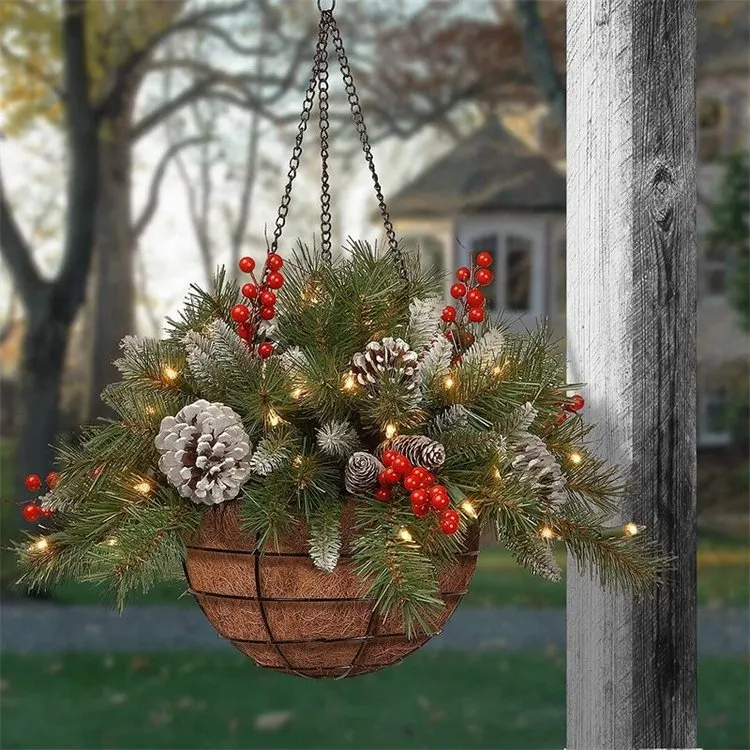 🎄 Pre-lit Artificial Christmas Hanging Basket - Flocked with Mixed Decorations and White LED Lights - Frosted Berry