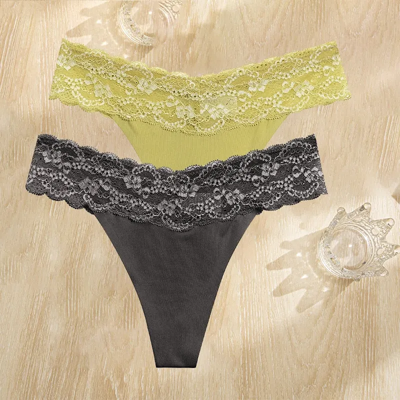 FINETOO 2PCS/Set Gstring Seamless Women Lace Pantys Girls Thongs S-L Fashion Sexy Underwear For Woman Lingerie Floral Panties