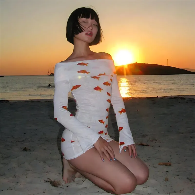 Brownm Fish Printed Mesh Mini Dress
