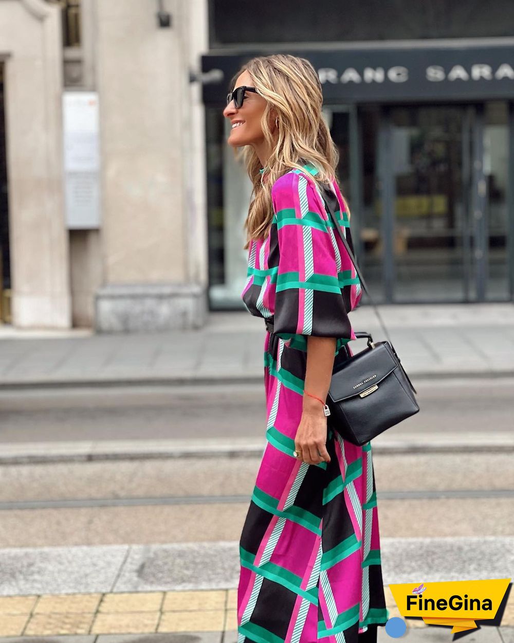 Sleeve Print Waist A-shaped Dress Plus Size Ladies Dress