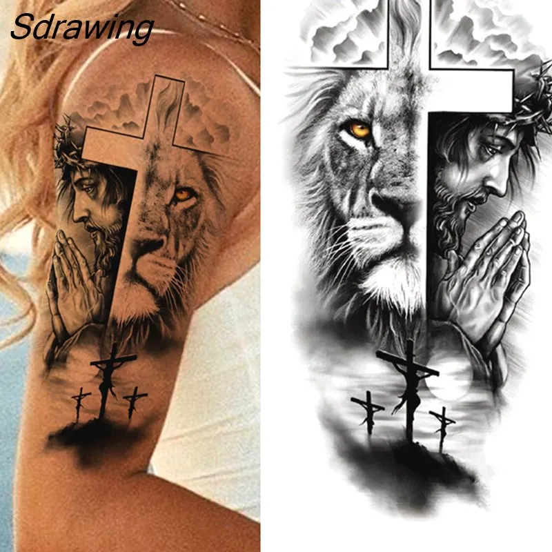 Sdrawing Tiger Temporary Tattoos For Men Women Kids Lion Skull Cross Tattoo Sticker Black Compass Skeleton Tatoos Leg Thigh 328-0