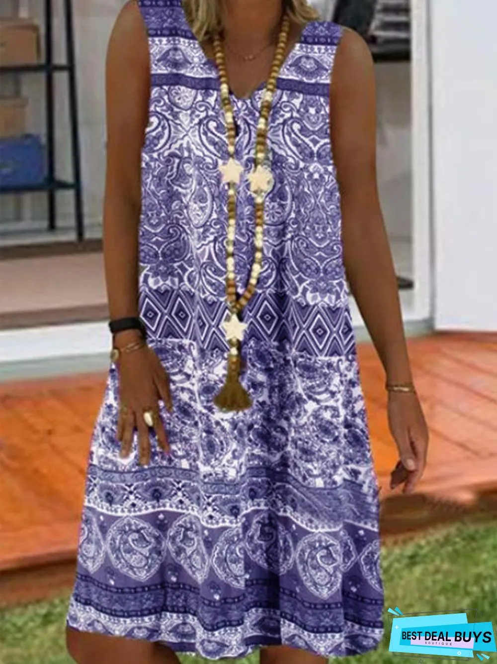 Casual Sleeveless V Neck Printed Weaving Dress