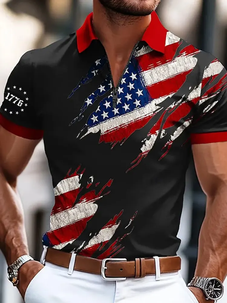 Men's Independence Day Retro Flag Design Lapel Short Sleeve Polo Shirt