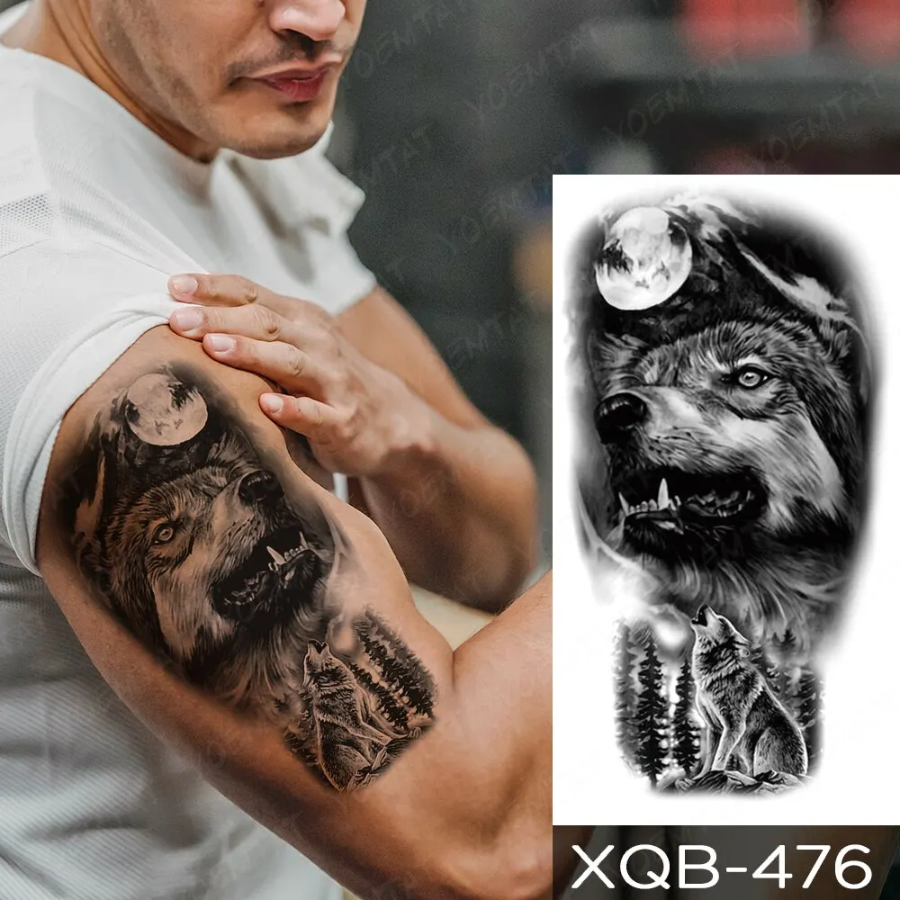 Sdrawing Temporary Tattoo Stickers Fox Lion Tiger Wolf Peony Rose Flowers Leaf Flash Tatto Women Men Body Art Arm Fake Tattoos