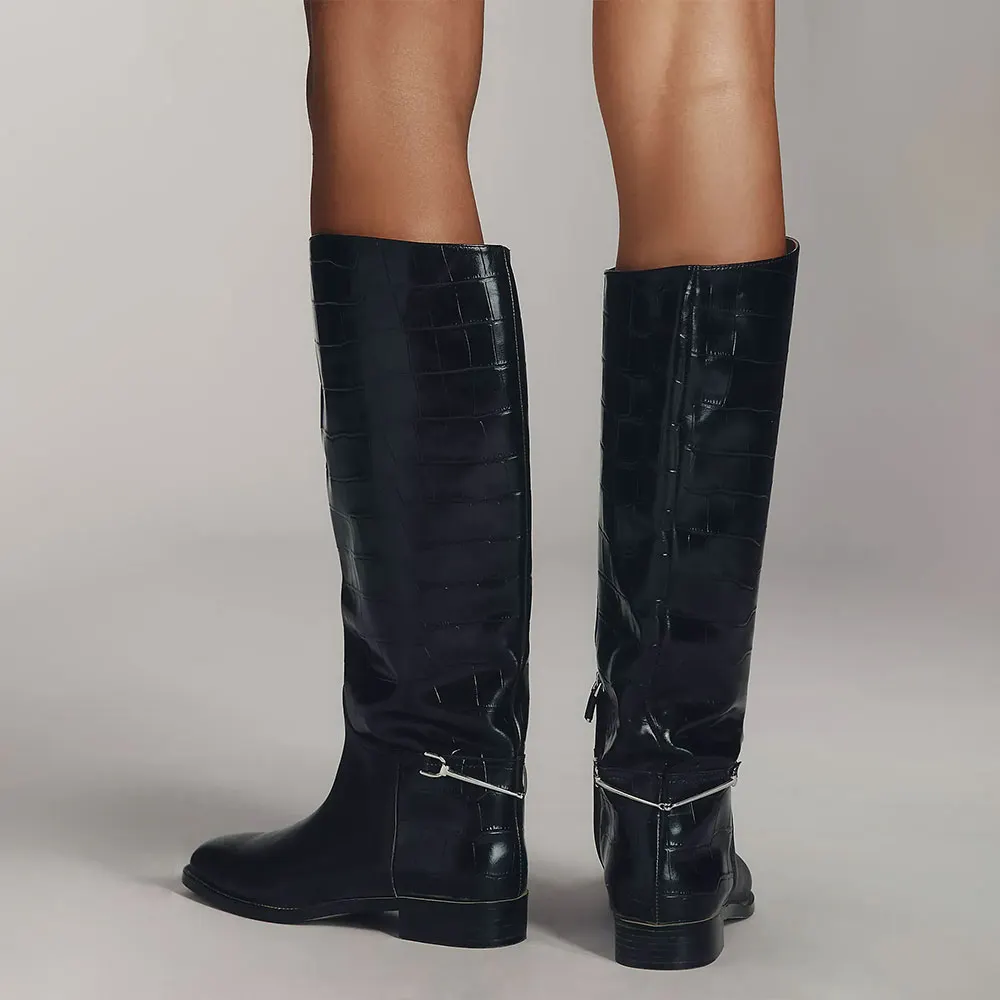 Black Round Toe Flat Croc Embossed Zipper Bit Riding Boots for Women