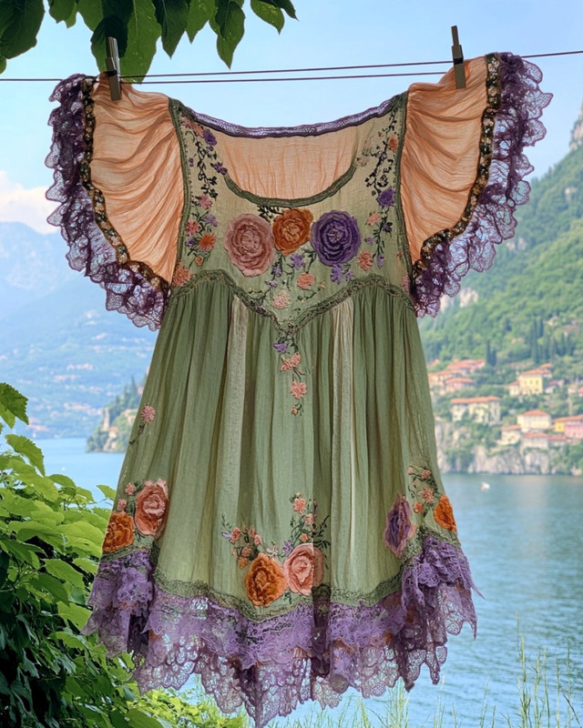 Summer Vacation Ruffle Lace Chiffon Elegant Long Top 3665