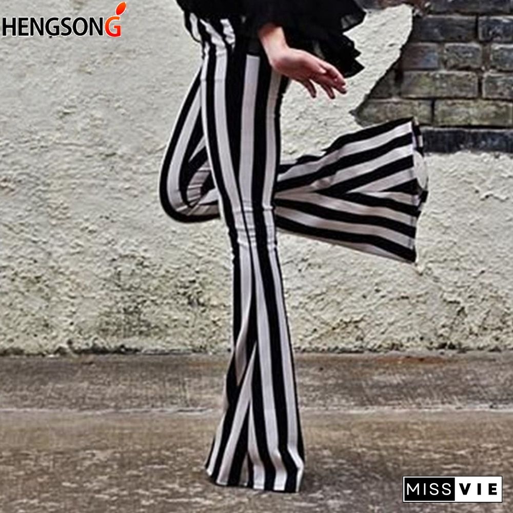 Striped Wide Leg Pant For Women Elastic High Waist Long Trouser Autumn Female Fashion Flare Pants OL Clothes