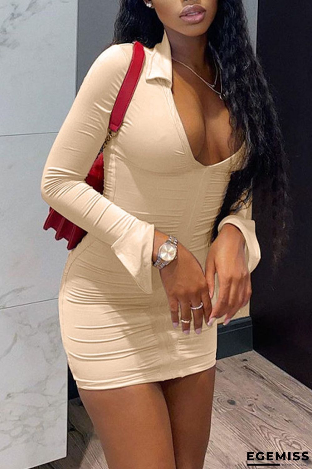 Apricot Sexy Solid Patchwork Fold V Neck Pencil Skirt Dresses | EGEMISS