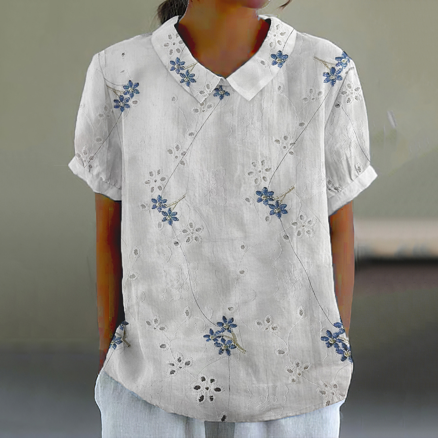 Women's Floral Lace Embroidery Lapel Short Sleeve Casual Blouse artswardrobe