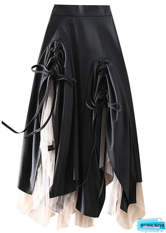 Women Green Asymmetrical drawstring Patchwork Tulle Skirts Spring