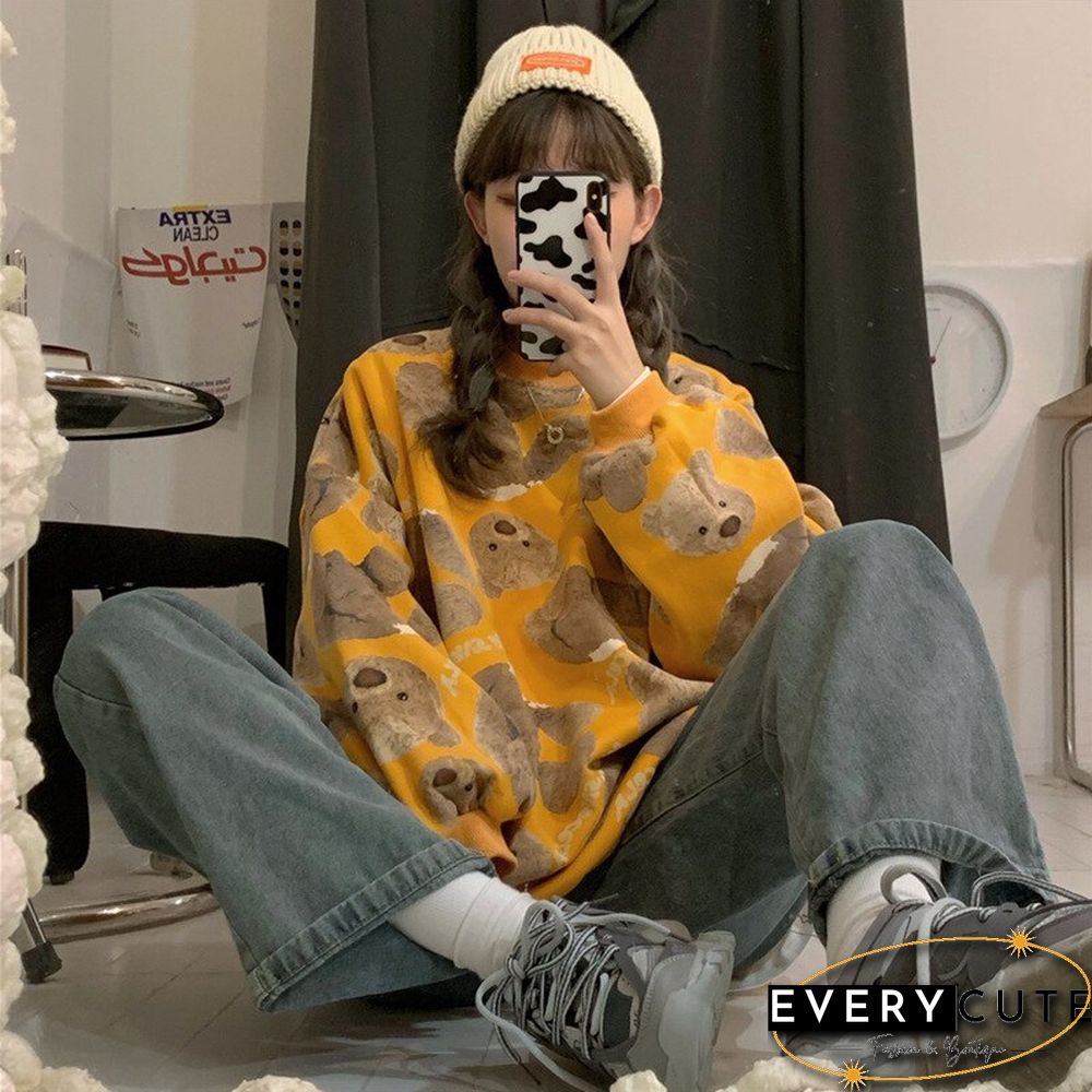 Crew Neck Vintage Bear Kawaii Sweatshirt Women Loose Long Sleeve Plus Velvet Pullover Tops Anime Hoodie Cute Sweatshirt Clothing