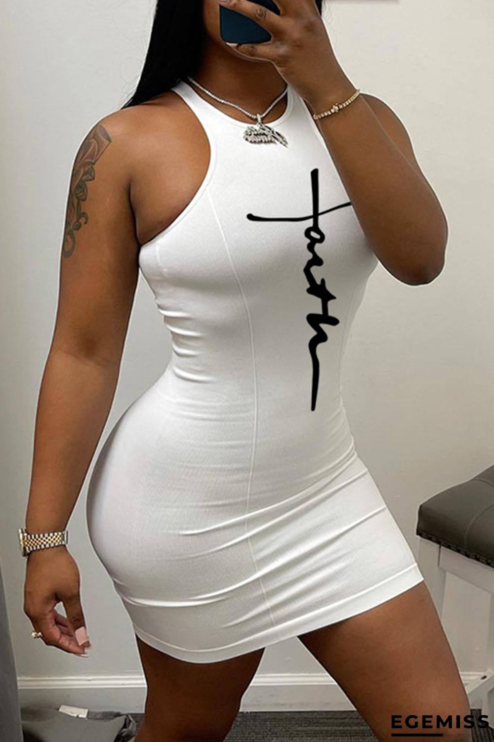 White Sexy Casual Print Basic O Neck Sleeveless Dress Dresses | EGEMISS
