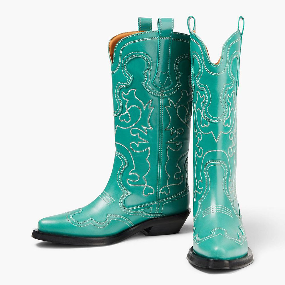 Turquoise Snip Toe Embroidered Wide Calf Western Boots with Chunky Heel