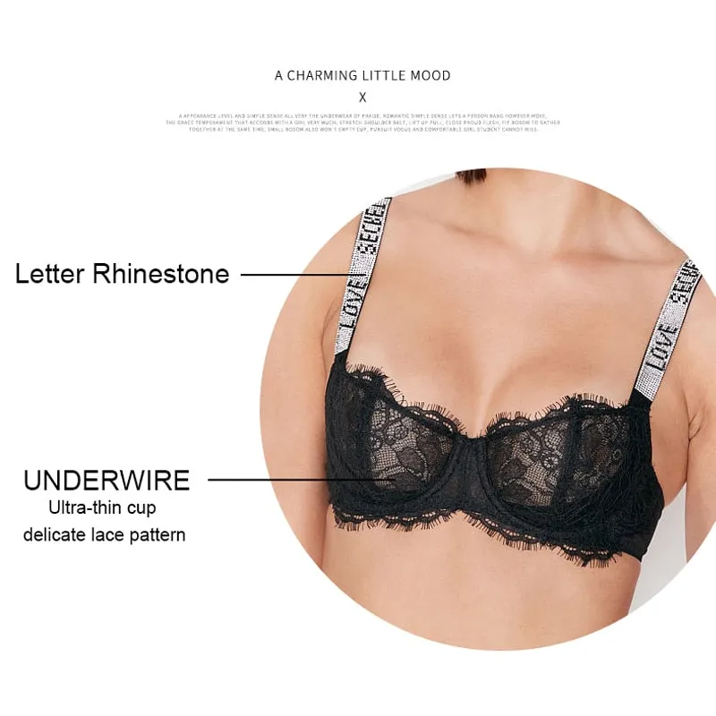 Sexy Shine Strap Bra Women Secret Bralette Underwear Black Eyelash Lace Bras Underwire Push Up Letter Rhinestone Erotic Lingerie
