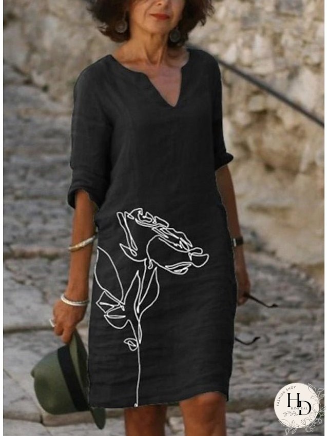 Casual Dress Ethnic Dress Shift Dress Midi Dress Leopard Black White Half Sleeve Floral Print Summer Spring V Neck Basic Daily Vacation Weekend S M L XL XXL 3XL for Women
