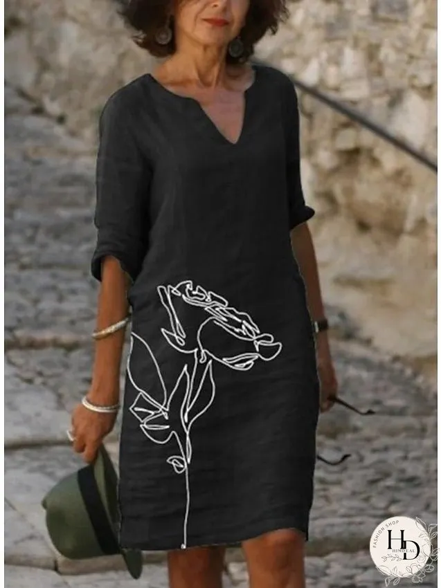 Casual Dress Ethnic Dress Shift Dress Midi Dress Leopard Black White Half Sleeve Floral Print Summer Spring V Neck Basic Daily Vacation Weekend S M L XL XXL 3XL for Women