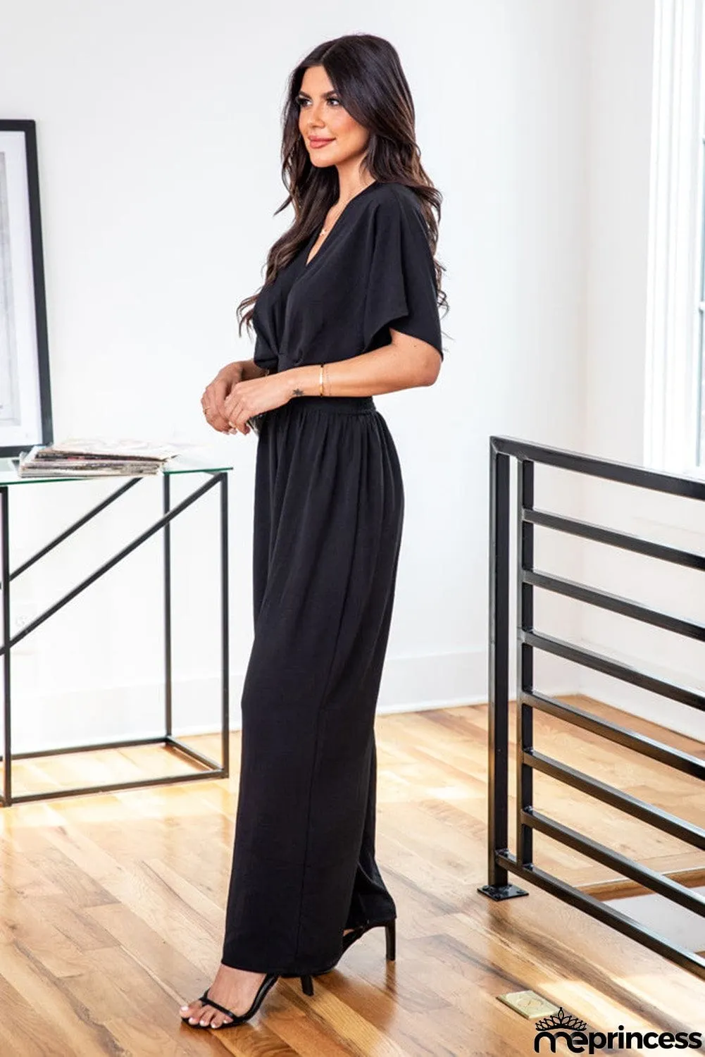 Deep V Neck High Waist Wide Leg Jumpsuit
