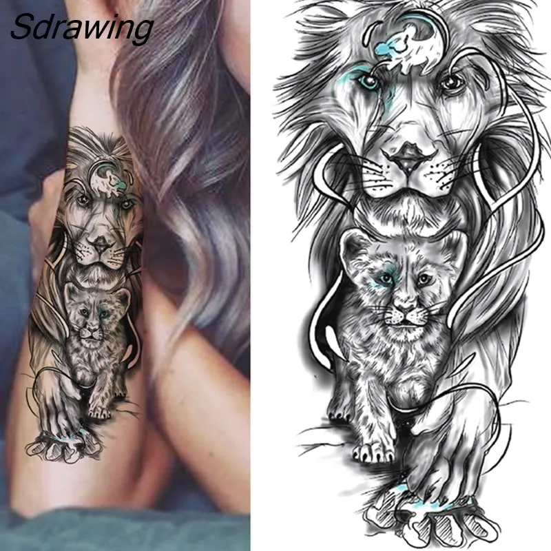 Sdrawing Tiger Temporary Tattoos For Men Women Kids Lion Skull Cross Tattoo Sticker Black Compass Skeleton Tatoos Leg Thigh 328-0