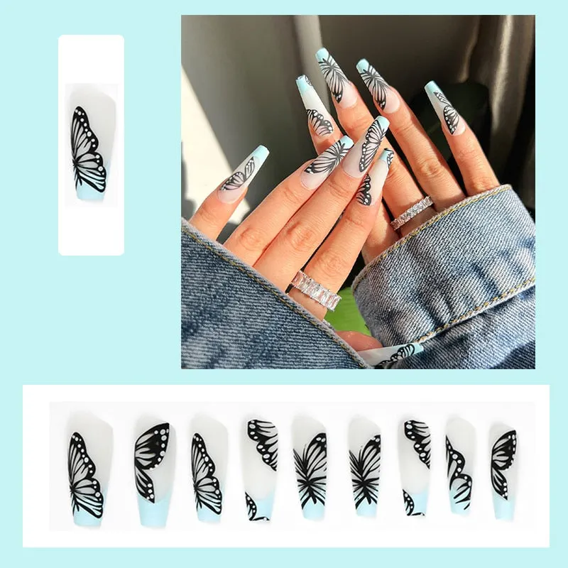 24pcs/box Blue Dye With Sequins Decorated press on nail tips Frosted Square Head Short Wearable Full Cover fake nails with glue-Nail Inspo